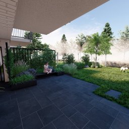 centrumkotula - Wizualizacja ogrodu z tarasem i roślinnością, osoba siedząca na ławce, pies na trawniku. Nowoczesny design z ciemną kostką brukową i zielenią. Lumion.