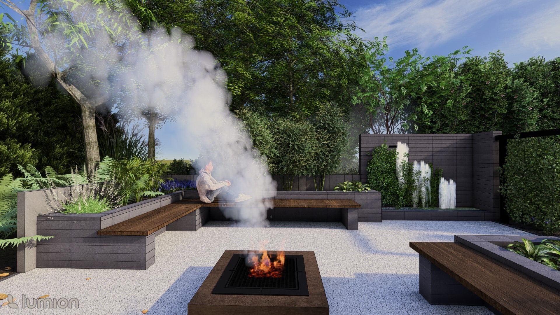 Wizualizacja ogrodu z paleniskiem, nowoczesnymi ławkami i fontanną na tle ciemnego ogrodzenia. Osoba siedzi na ławce w otoczeniu roślinności. Widoczny dym z paleniska.