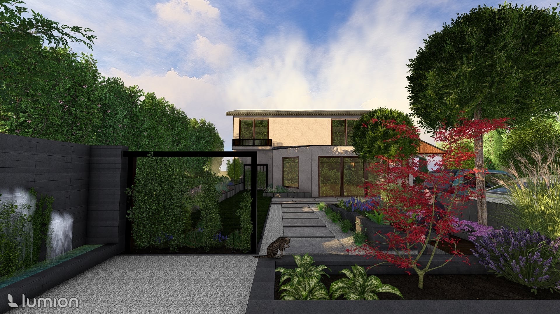 Wizualizacja ogrodu z nowoczesnym domem, minimalistycznym ogrodzeniem z wodospadem i roślinnością. Kot siedzi na murku. Projekt ogrodu z elementami wodnymi.