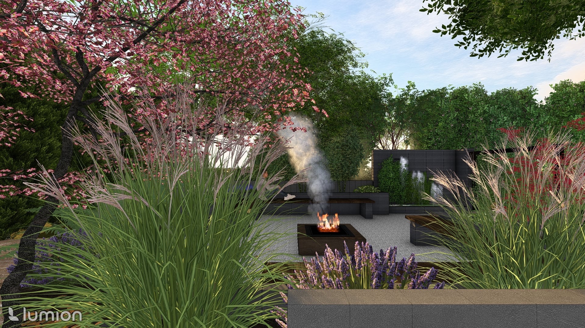 Wizualizacja ogrodu z paleniskiem otoczonym ławkami, ozdobnymi trawami i kwitnącymi drzewami. W tle minimalistyczny mur z kaskadą wodną. Całość w stonowanej kolorystyce.