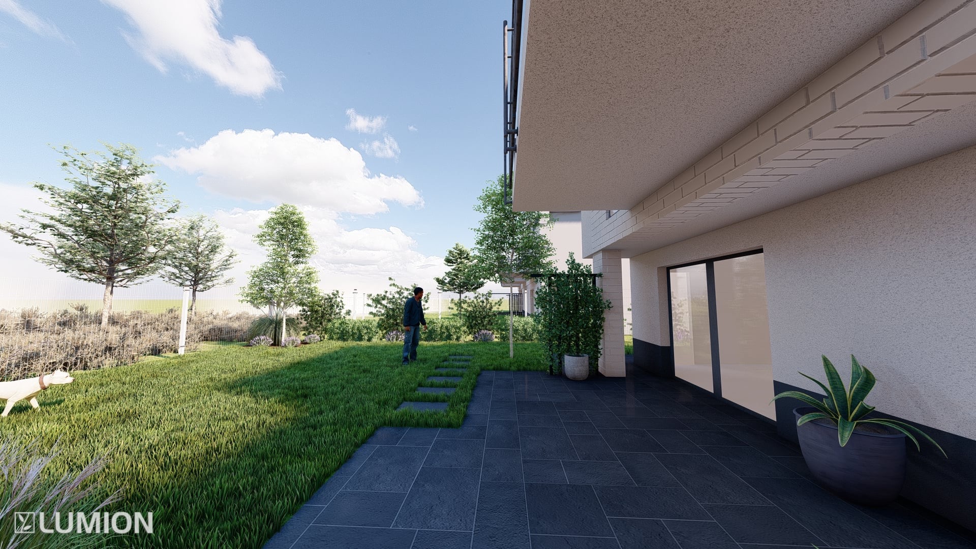Wizualizacja ogrodu z nowoczesnym tarasem i ścieżką z płyt. Widoczny trawnik, drzewa, krzewy, osoba w oddali i pies. Całość w jasnej kolorystyce i słonecznej scenerii.