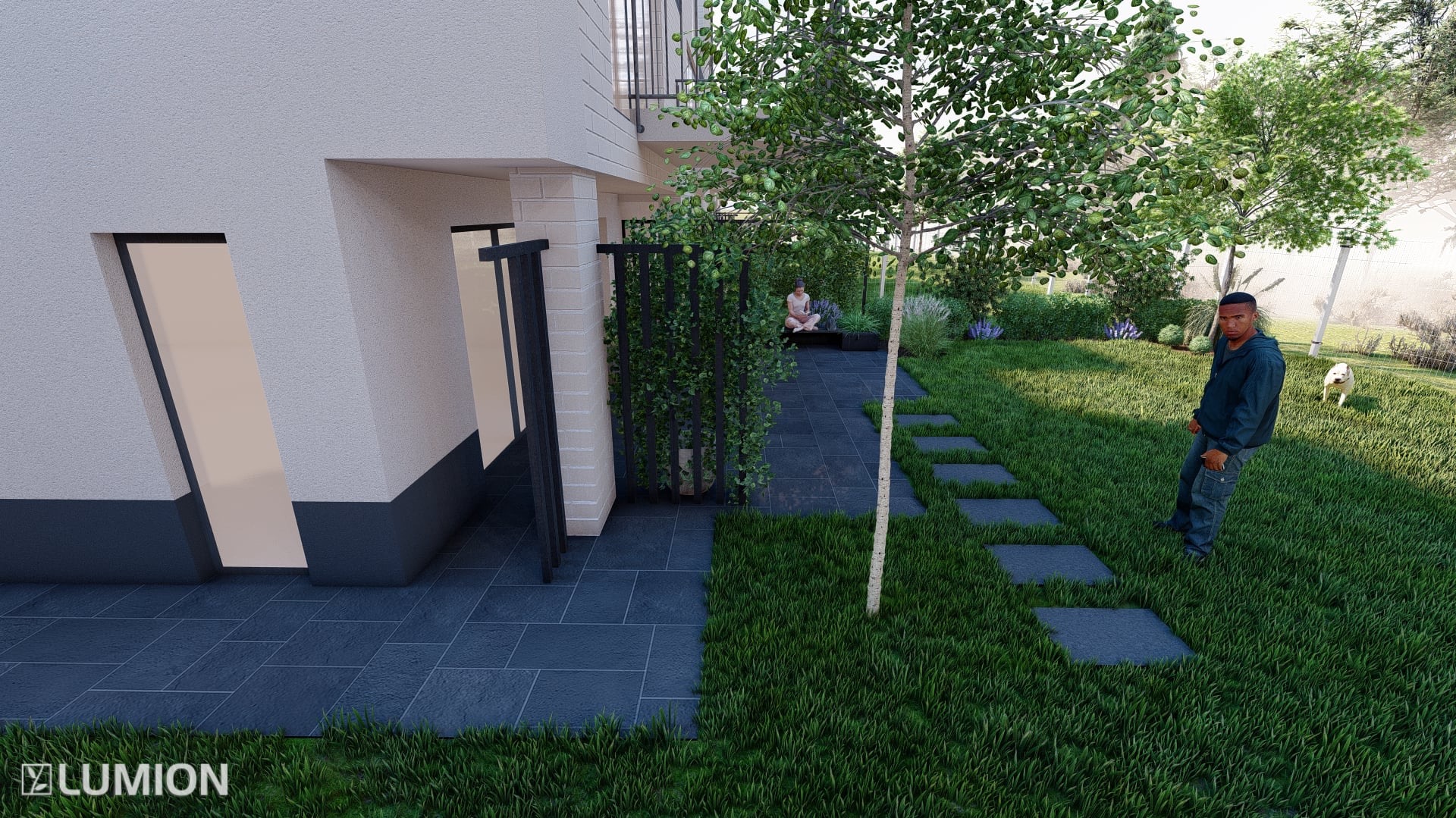 Wizualizacja ogrodu z nowoczesnym budynkiem, ścieżką z płyt, zielenią i osobami. Widoczny fragment budynku z oknem i ogrodzeniem. Projekt ogrodu z elementami małej architektury.