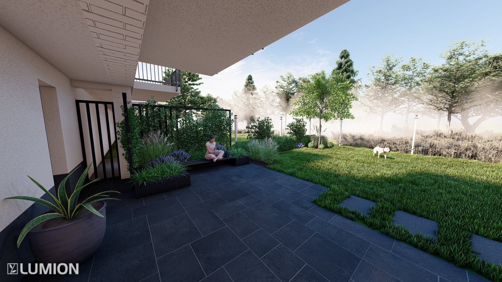 Wizualizacja ogrodu z tarasem i roślinnością, osoba siedząca na ławce, pies na trawniku. Nowoczesny design z ciemną kostką brukową i zielenią. Lumion.