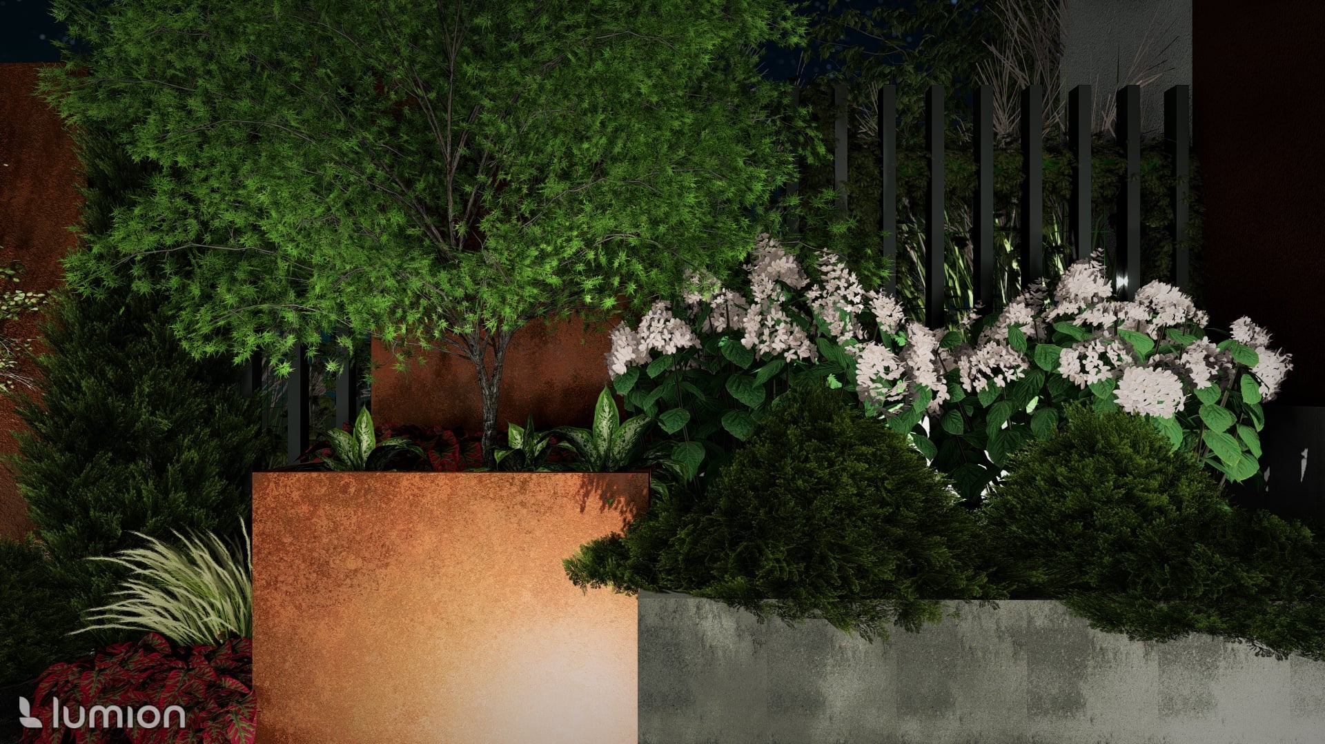 Wizualizacja ogrodu nocą: drzewo w metalowej donicy, hortensje, tuje, trawy ozdobne, czarne ogrodzenie panelowe. Oświetlenie punktowe podkreśla detale roślin.