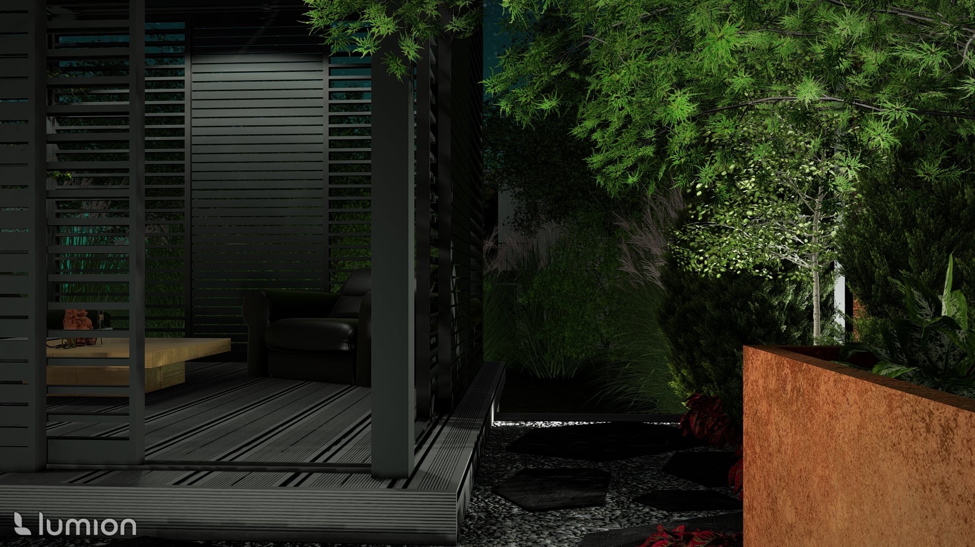 Nowoczesna aranżacja ogrodu z zadaszoną altaną, roślinnością i oświetleniem. Widoczny fragment mebli ogrodowych i dekoracyjne kamienie.