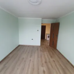 Pusty pokój po remoncie z panelami podłogowymi w odcieniach beżu, świeżo pomalowane ściany na miętowo, widoczna biała lampa sufitowa i otwarte drzwi do pomieszczenia z pralką.