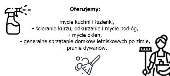 Grafika wektorowa przedstawiająca ofertę usług sprzątania: mycie kuchni i łazienki, ścieranie kurzu, odkurzanie i mycie podłóg, mycie okien, sprzątanie domków letniskowych po zimie oraz pranie...