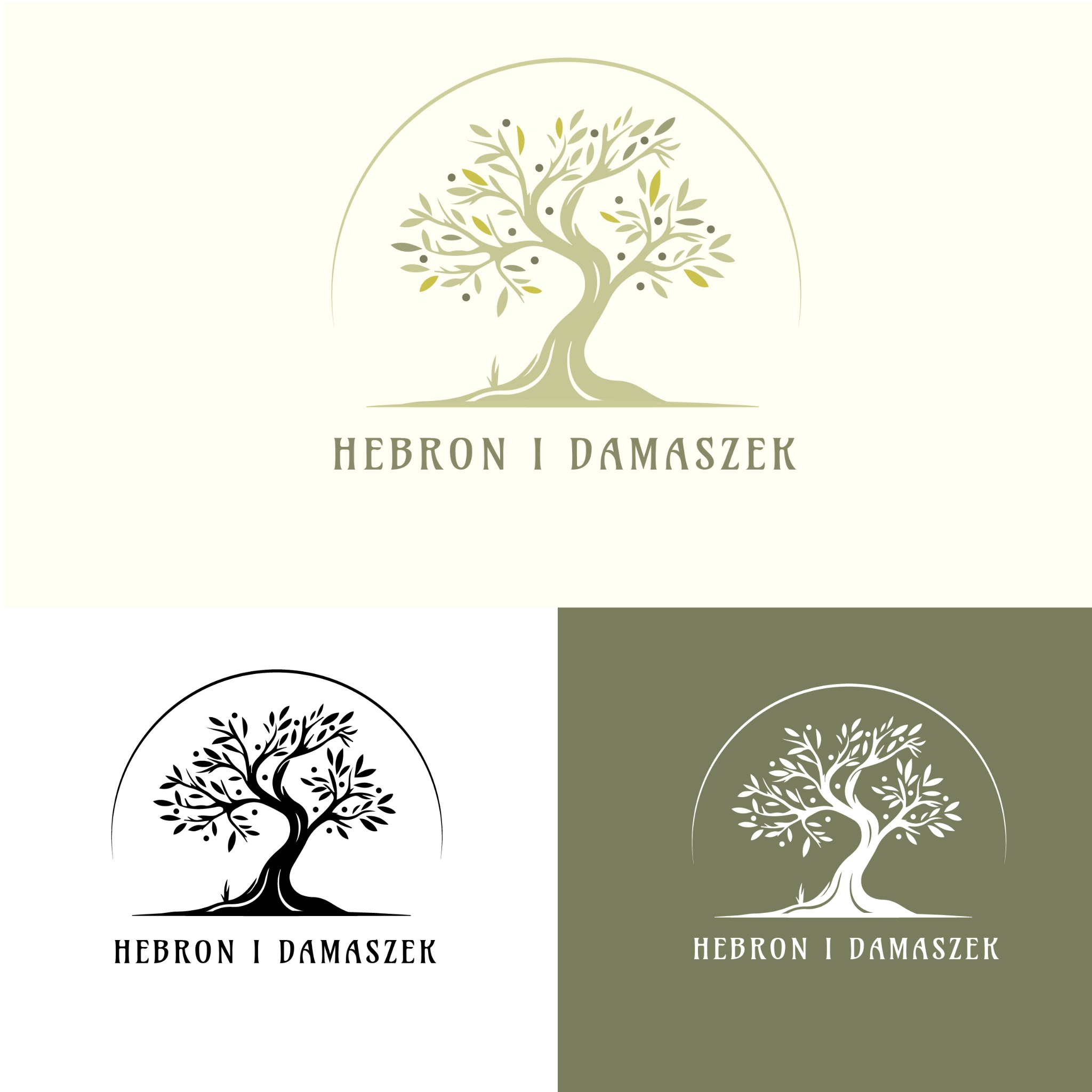 Eleganckie logo przedstawiające stylizowane drzewo oliwne z owocami, umieszczone w półkolu, z nazwą 'Hebron i Damaszek' poniżej, w trzech wariantach kolorystycznych: beżowym, czarno-białym...