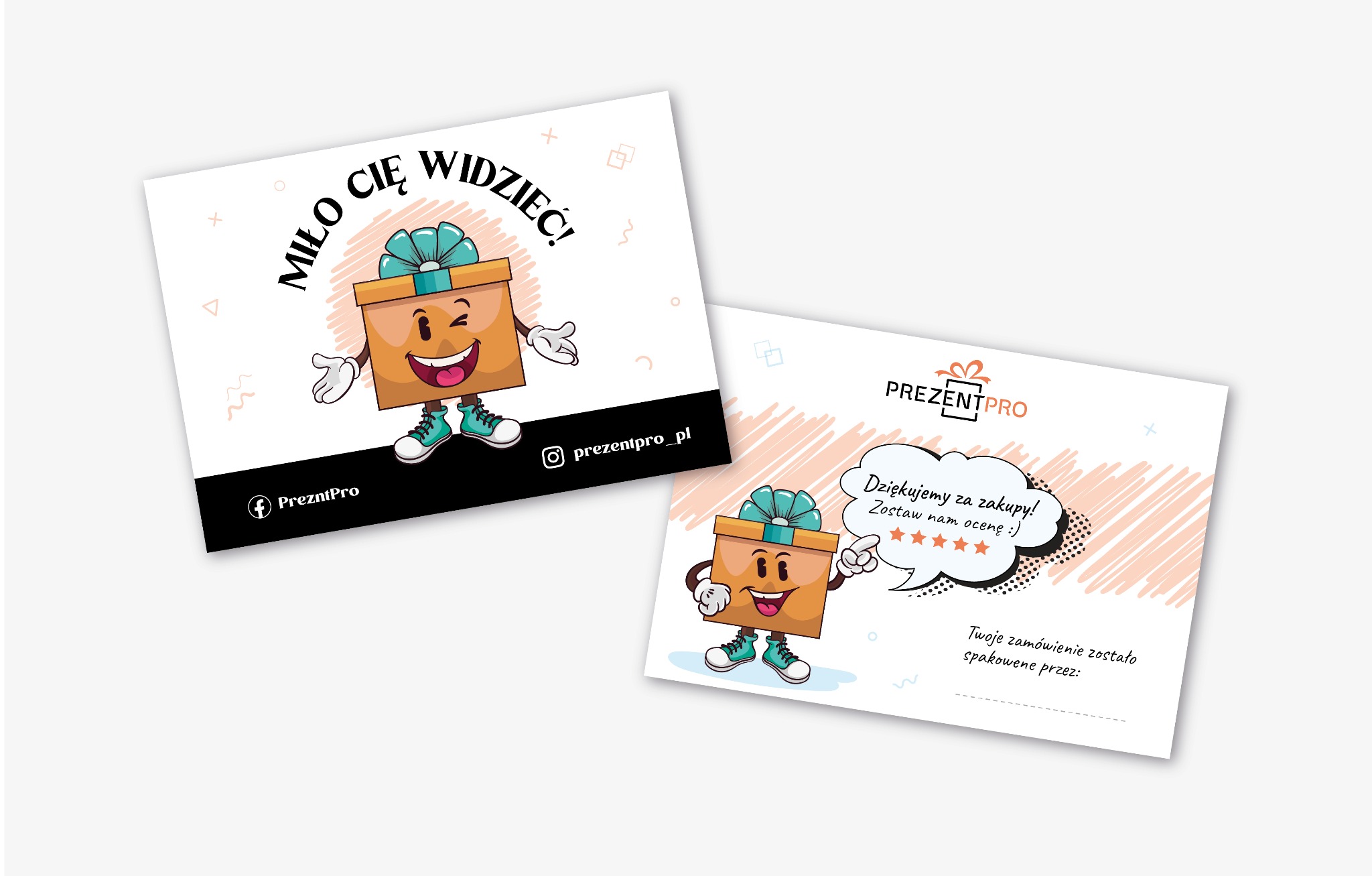 Dwie kartki z identyfikacją wizualną firmy prezentującej animowaną paczkę z prezentem; jedna z napisem 'Miło Cię widzieć!', druga z podziękowaniem za zakupy i prośbą o ocenę, Warszawa.