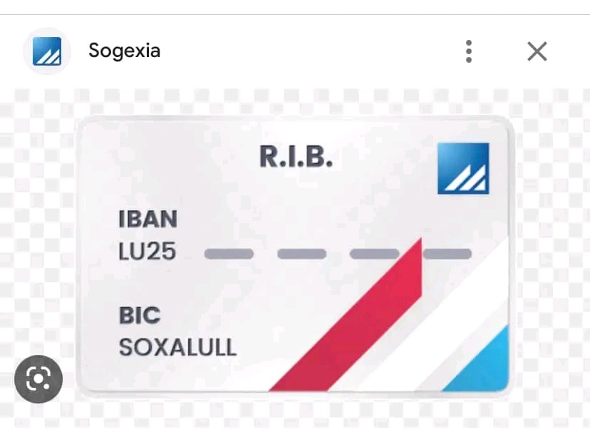 Grafika przedstawiająca kartę z danymi bankowymi: IBAN LU25, BIC SOXALULL, R.I.B. oraz logo Sogexia w prawym górnym rogu.