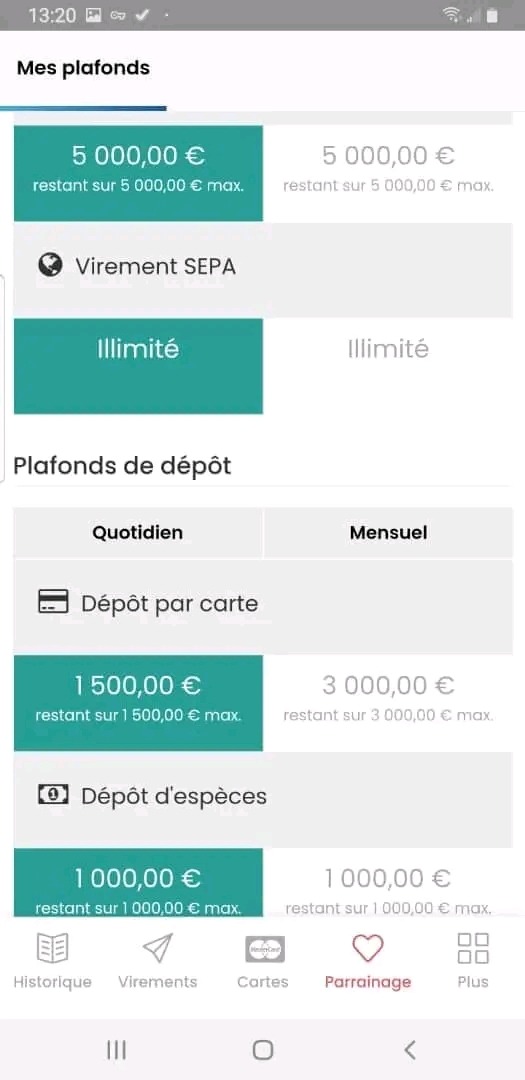 Zrzut ekranu aplikacji mobilnej prezentujący limity transakcji, w tym przelewy SEPA, depozyty kartą i gotówką, z informacjami o dziennych i miesięcznych limitach oraz pozostałych kwotach...