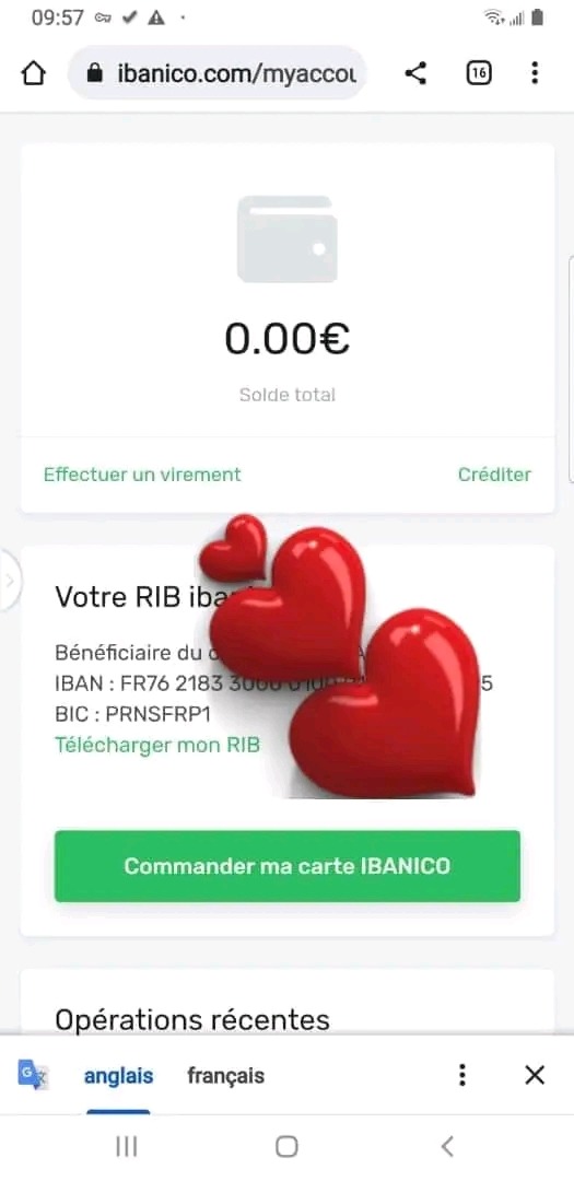 Ekran telefonu z aplikacją bankową Ibanico, saldo 0.00€, dane RIB i przycisk zamówienia karty, ozdobione czerwonymi sercami.