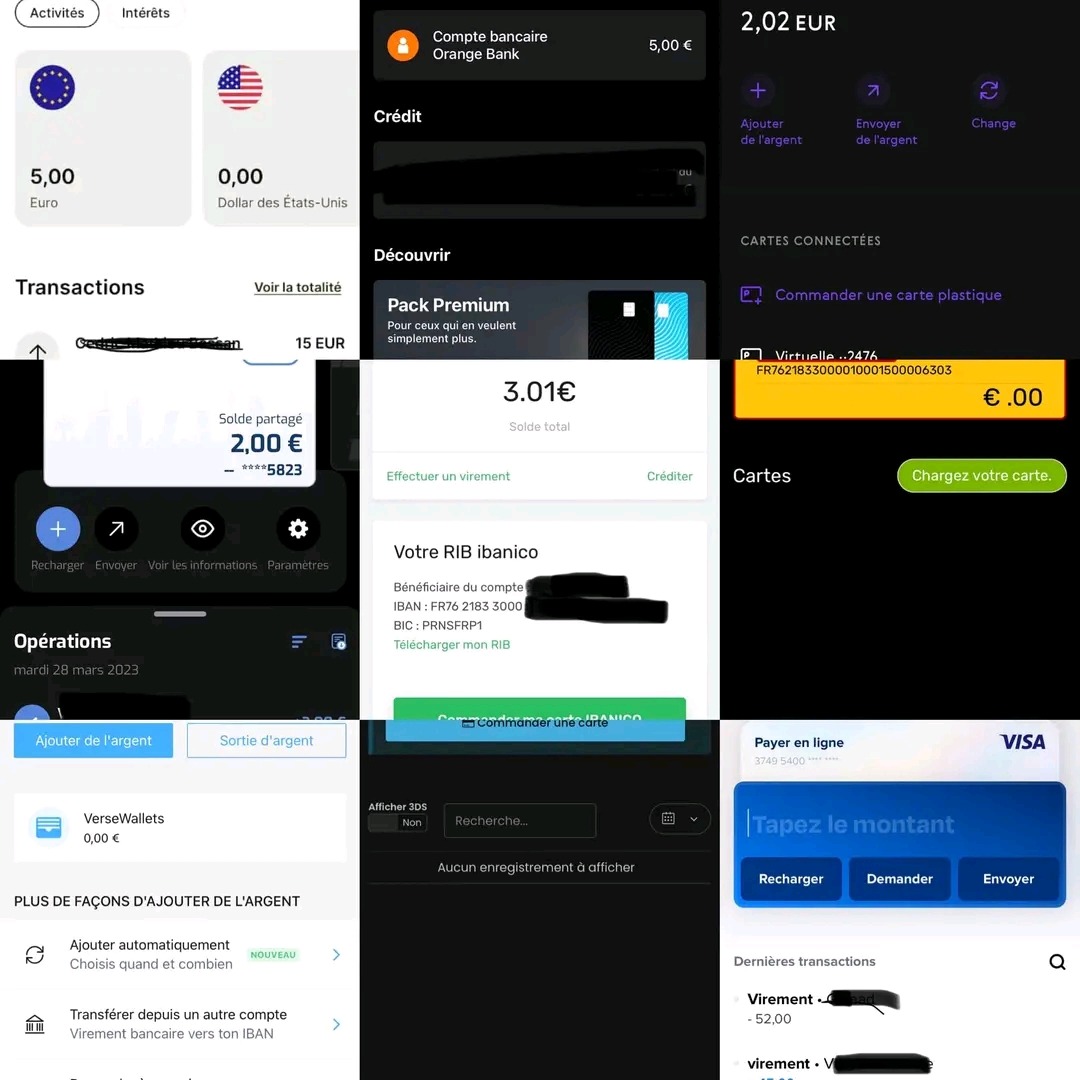 Zrzuty ekranu aplikacji bankowej na smartfonie, pokazujące salda kont w euro i dolarach, transakcje, opcje przelewów i płatności online, w tym informacje o karcie wirtualnej i RIB.