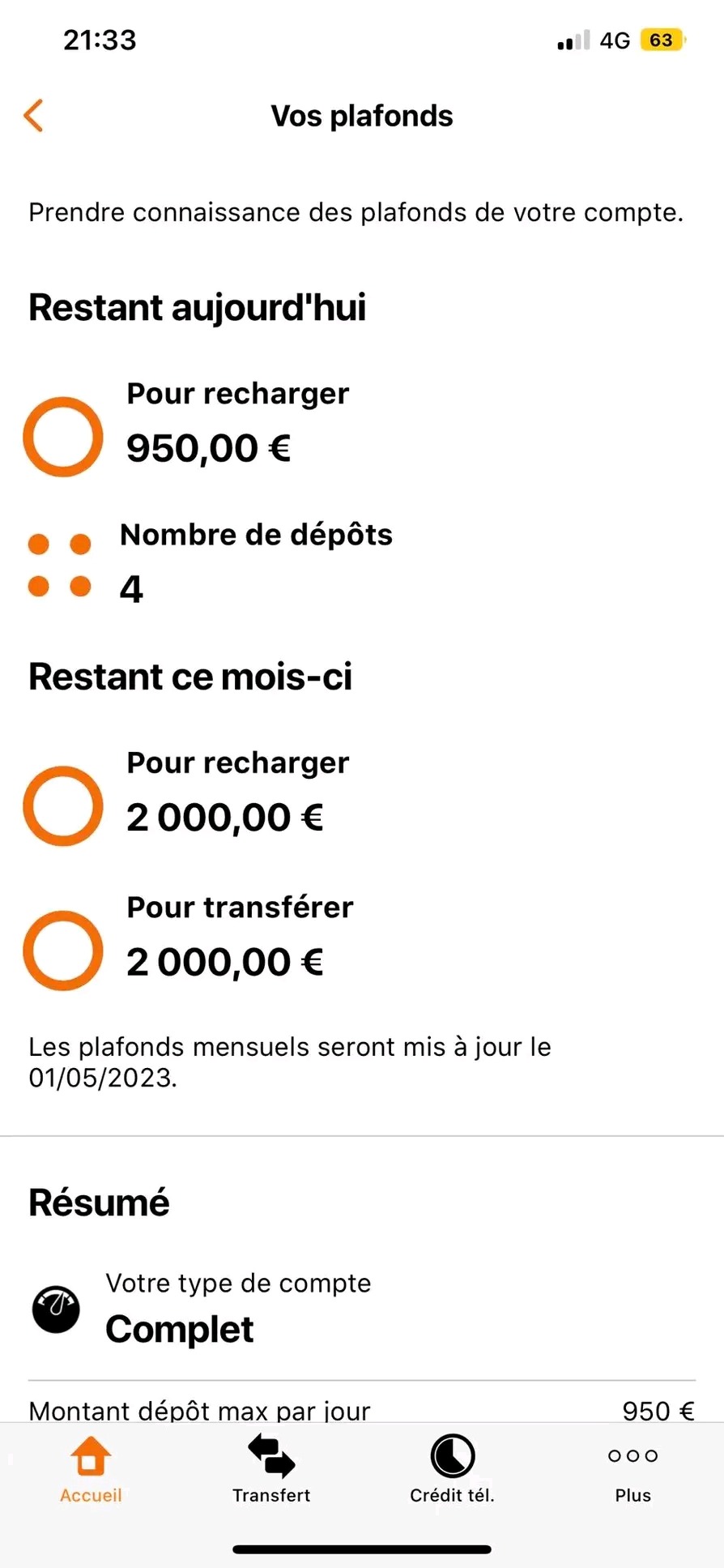 Zrzut ekranu aplikacji bankowej prezentujący limity konta w euro, z informacją o pozostałych kwotach doładowania i transferu w bieżącym miesiącu oraz maksymalnym dziennym limitem depozytu.