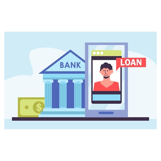 Ilustracja przedstawia budynek banku, banknot z symbolem dolara oraz smartfon z wizerunkiem osoby i dymkiem z napisem 'Loan'.