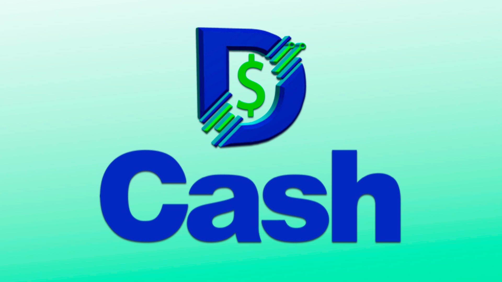 Logo firmy z niebieską literą 'D' otaczającą zielony znak dolara, uzupełnione napisem 'Cash' w kolorze niebieskim, na gradientowym tle w odcieniach zieleni i błękitu.