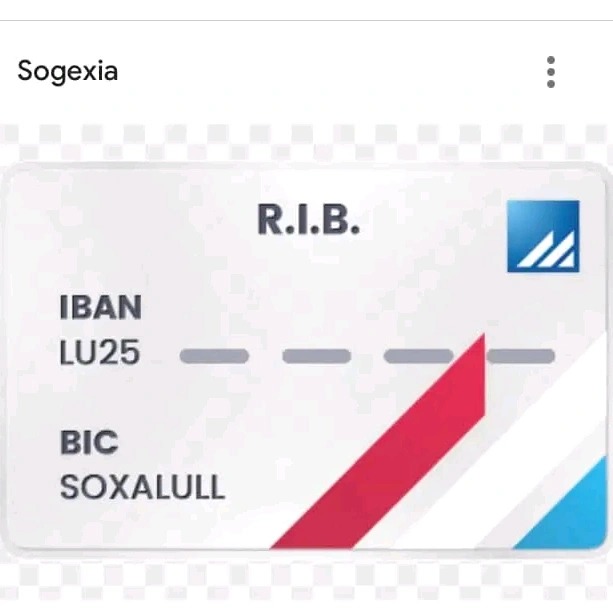 Grafika karty z danymi R.I.B., IBAN LU25 i BIC SOXALULL, z logotypem w prawym górnym rogu i czerwono-niebieskim paskiem.