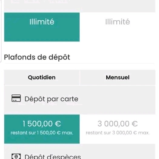 Ekran telefonu prezentujący limity depozytów: dzienne 1500 EUR i miesięczne 3000 EUR, z informacją o pozostałych kwotach do limitu.