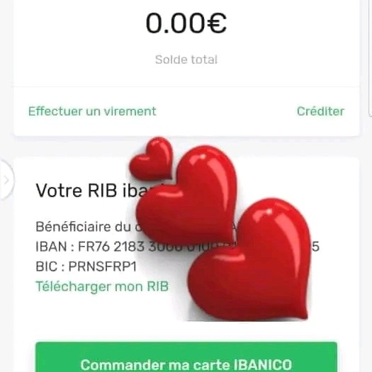 Ekran aplikacji bankowej z saldem 0.00€, danymi IBAN i BIC, oraz trzema czerwonymi sercami, sugerujący ofertę finansową w Franki-Piaski.