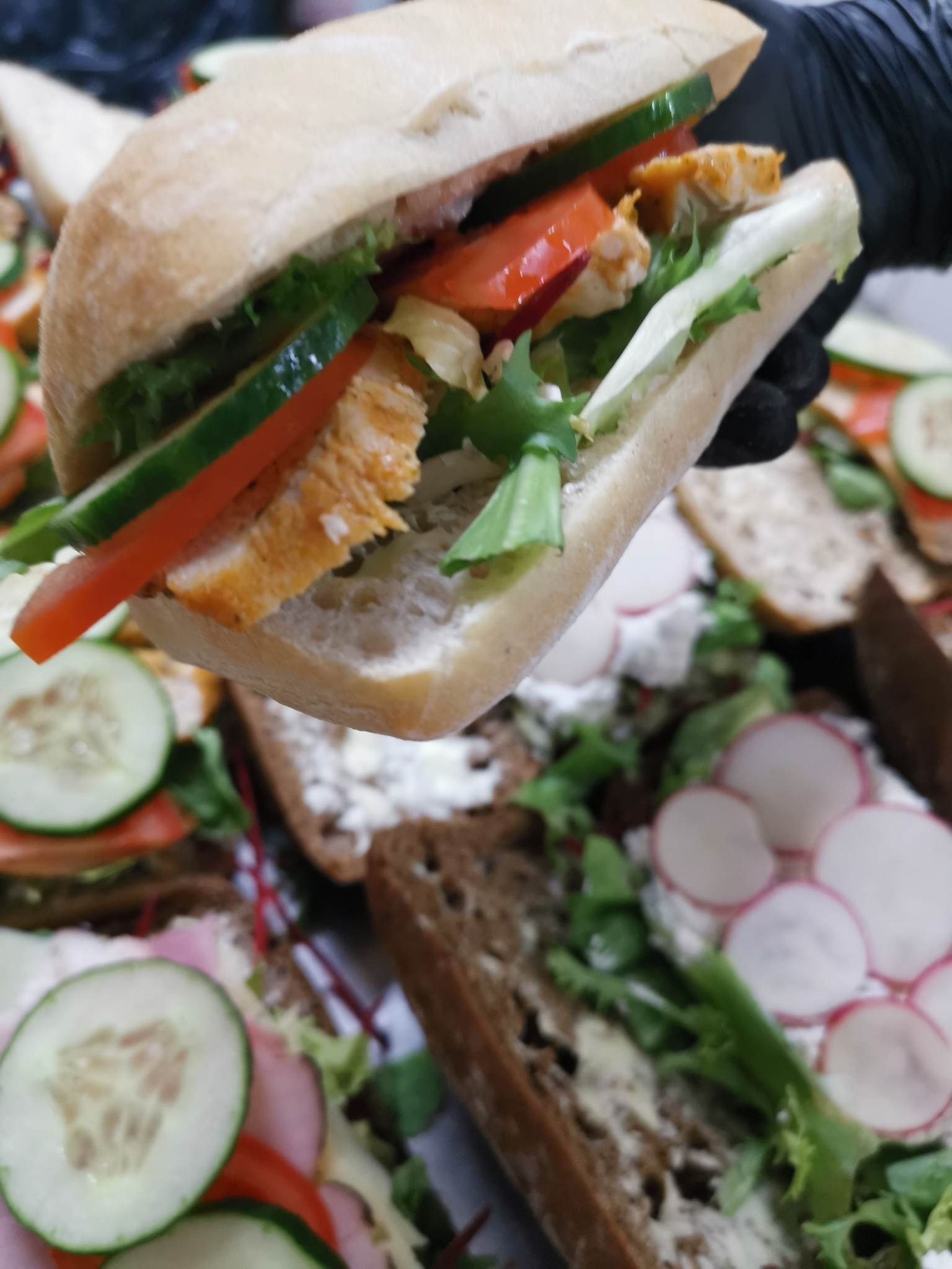 Kanapka z grillowanym kurczakiem, pomidorem, ogórkiem i sałatą, trzymana w dłoni w czarnej rękawiczce, na tle innych kanapek z różnymi dodatkami, w tym rzodkiewką i serem.