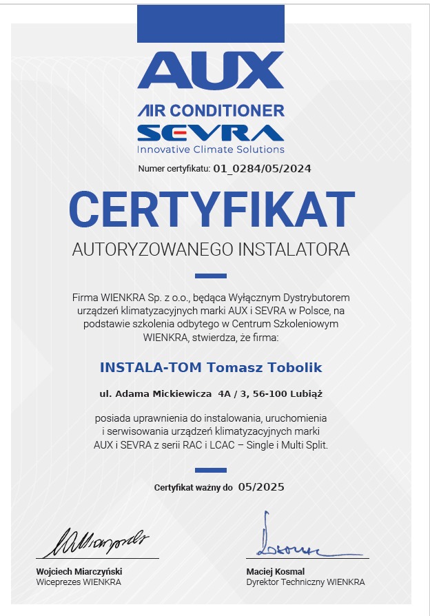 Certyfikat Autoryzowanego Instalatora AUX/ Sevra