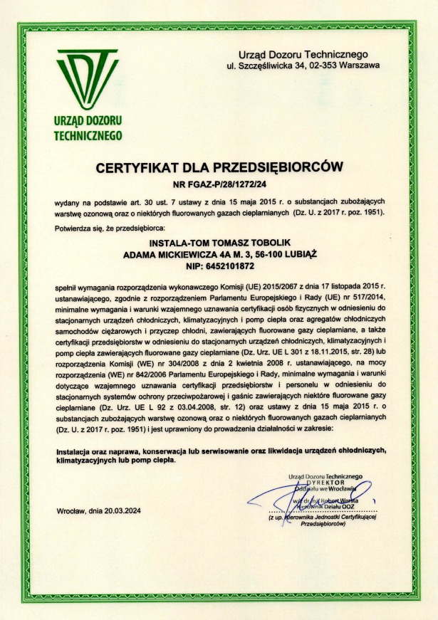 Certyfikat F-gazowy dla Przedsiębiorcy