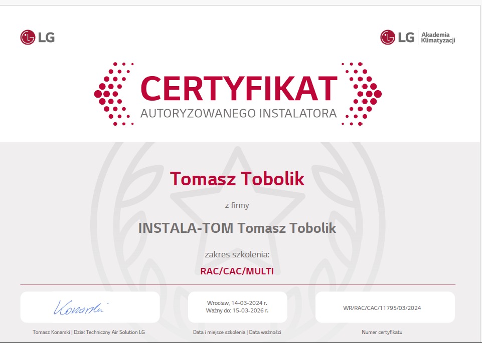 Certyfikat Autoryzowanego Instalatora LG