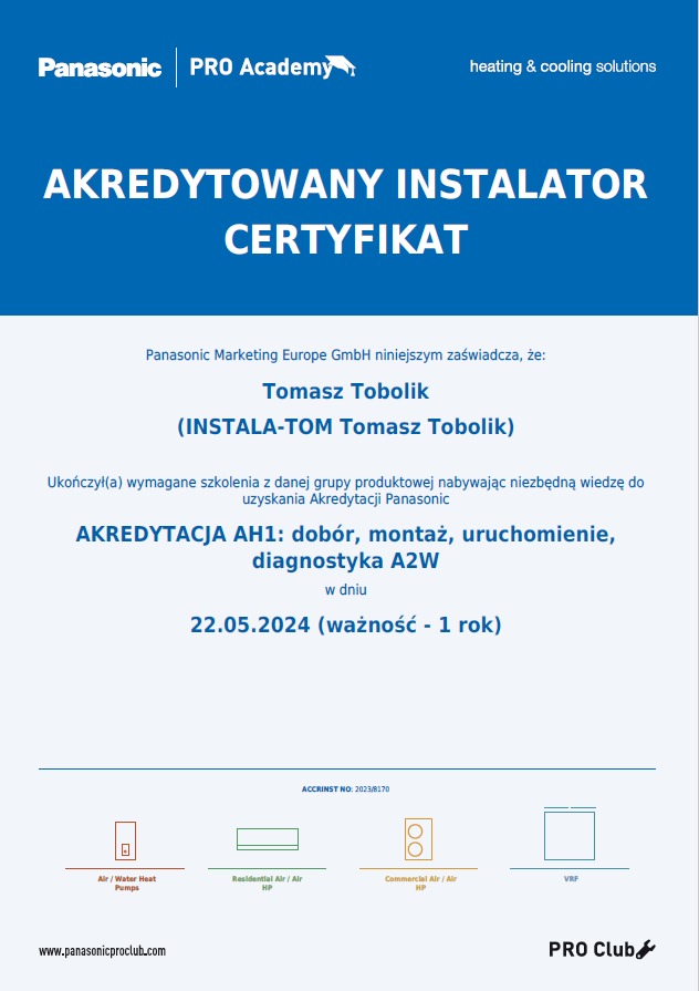 Certyfikat Autoryzowanego Instalatora Panasonic