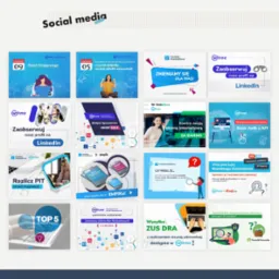 Zestaw miniaturek reklamowych w mediach społecznościowych firmy Wfirma, promujących usługi księgowe, tworzenie stron internetowych i webinary.