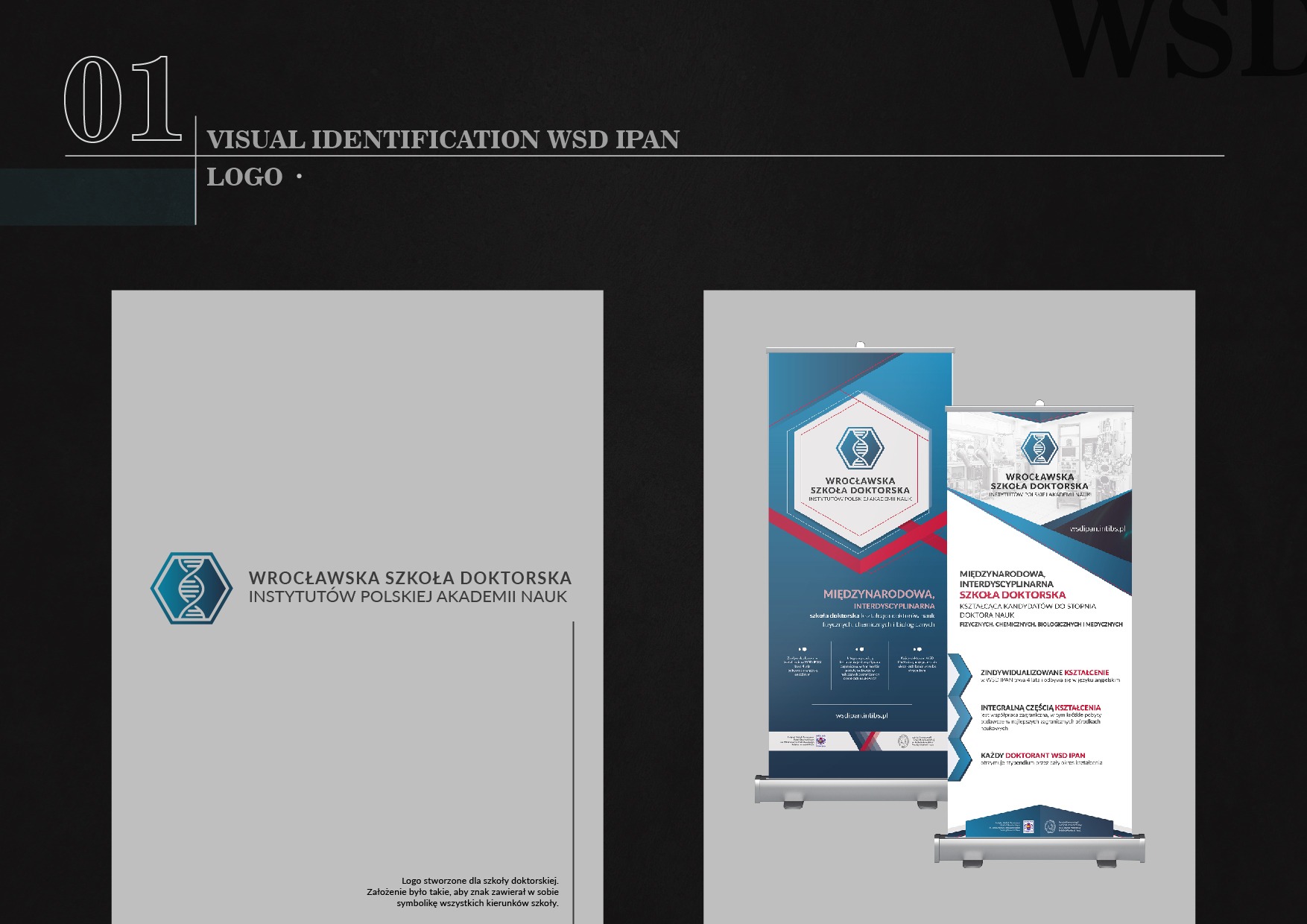 Projekt identyfikacji wizualnej szkoły doktorskiej z Oławy, prezentujący logo oraz roll-upy z informacjami o programie studiów.