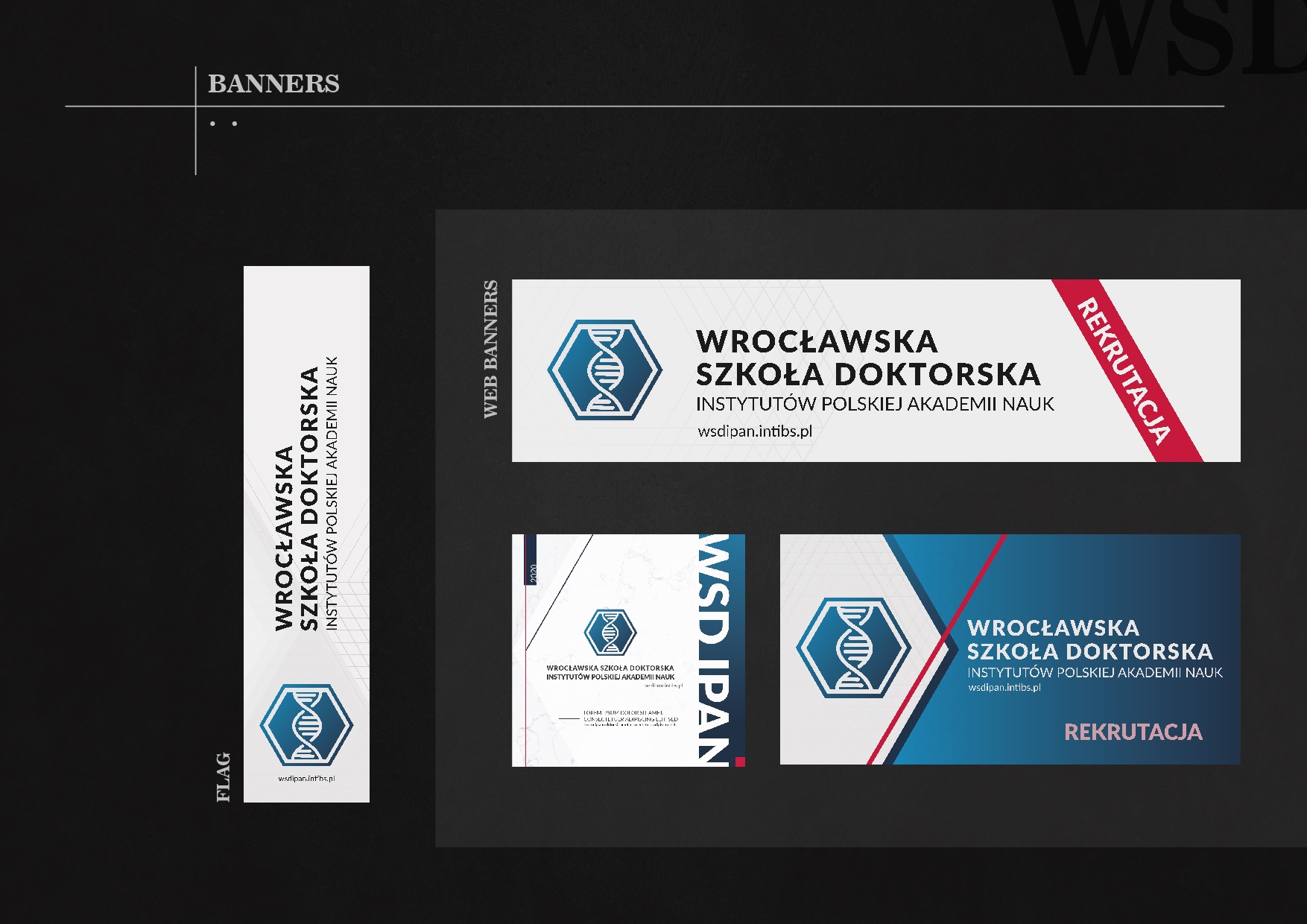 Przykładowe banery reklamowe dla Wrocławskiej Szkoły Doktorskiej Instytutów Polskiej Akademii Nauk, prezentujące logo szkoły i hasło 'Rekrutacja'.