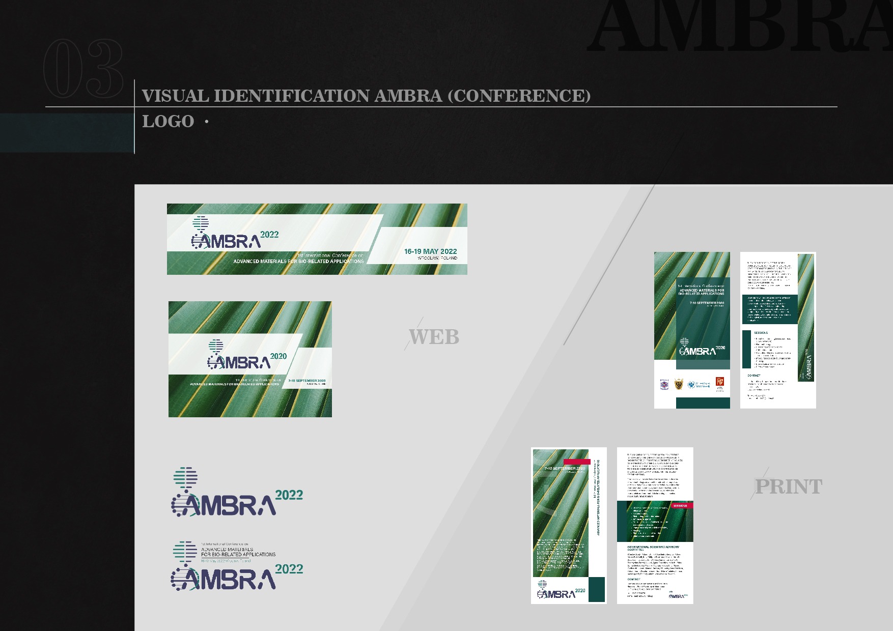 Prezentacja identyfikacji wizualnej konferencji AMBRA, obejmująca logotypy, projekty webowe i materiały drukowane z edycji 2020 i 2022.