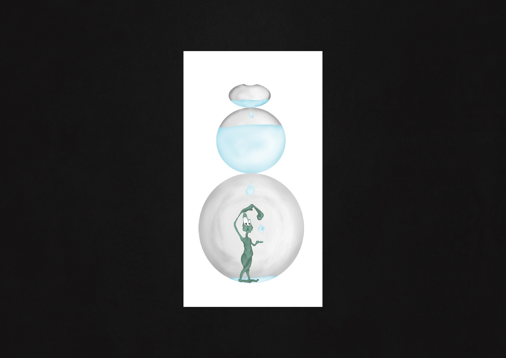Ilustracja przedstawiająca postać wewnątrz sfery, podlewającą się wodą z konewki, z dwiema sferami ułożonymi jedna na drugiej powyżej.