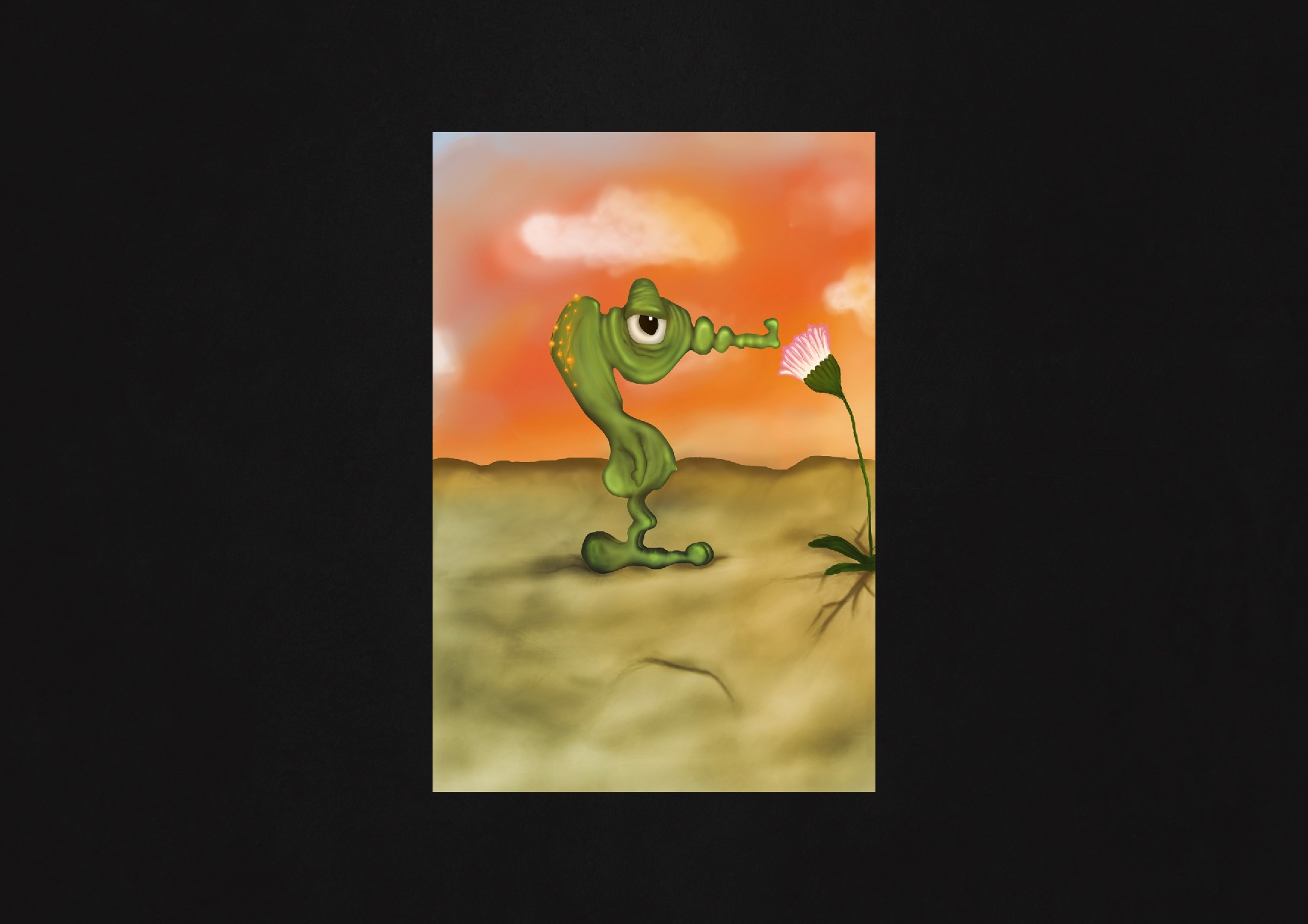 Kreskówkowy, zielony stwór z jednym okiem wącha różowy kwiatek na pustynnym tle z pomarańczowym niebem.