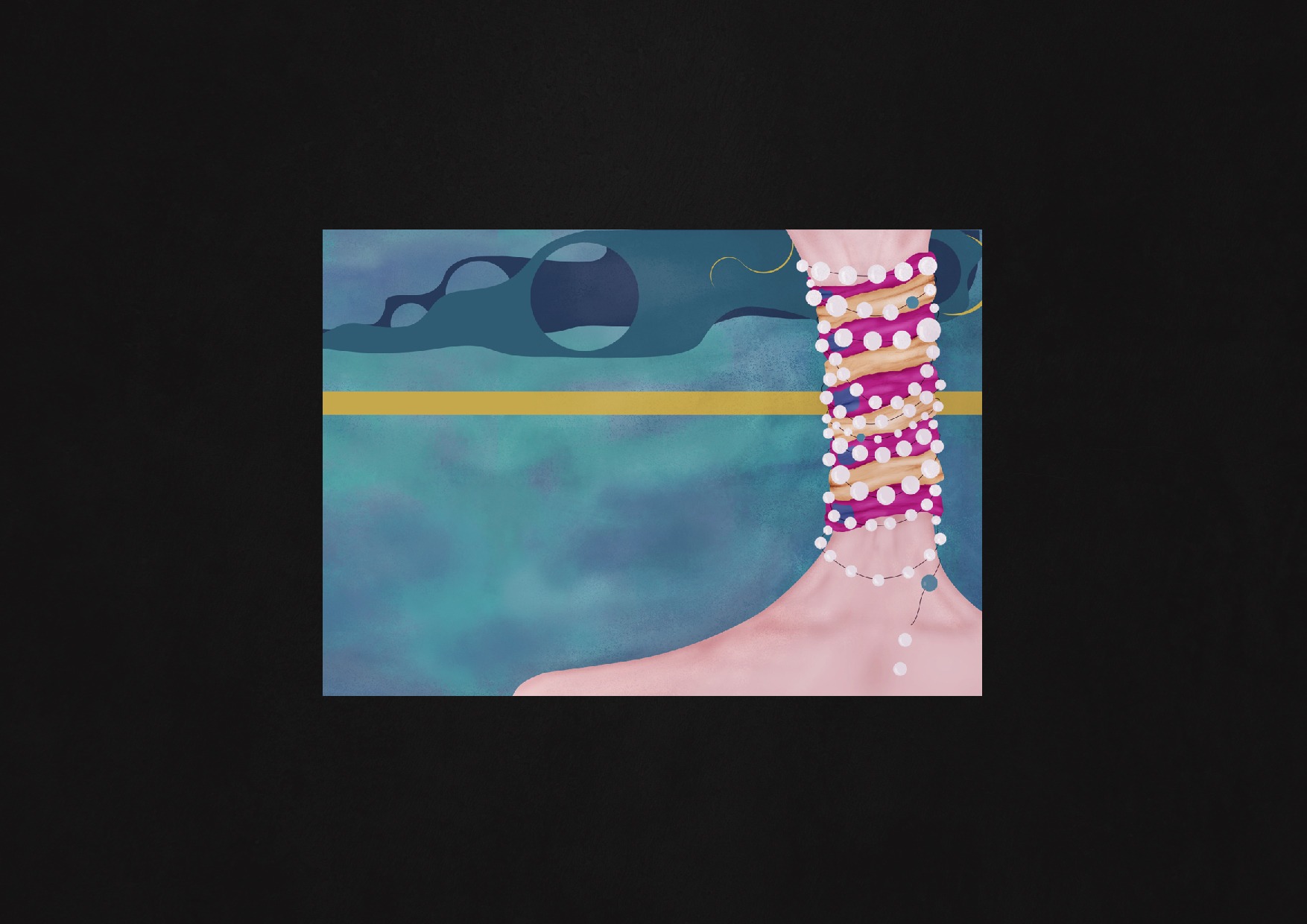 Abstrakcyjna ilustracja cyfrowa przedstawiająca kobiecą szyję ozdobioną warstwami koralików i tkanin na tle turkusowego nieba z elementami graficznymi.