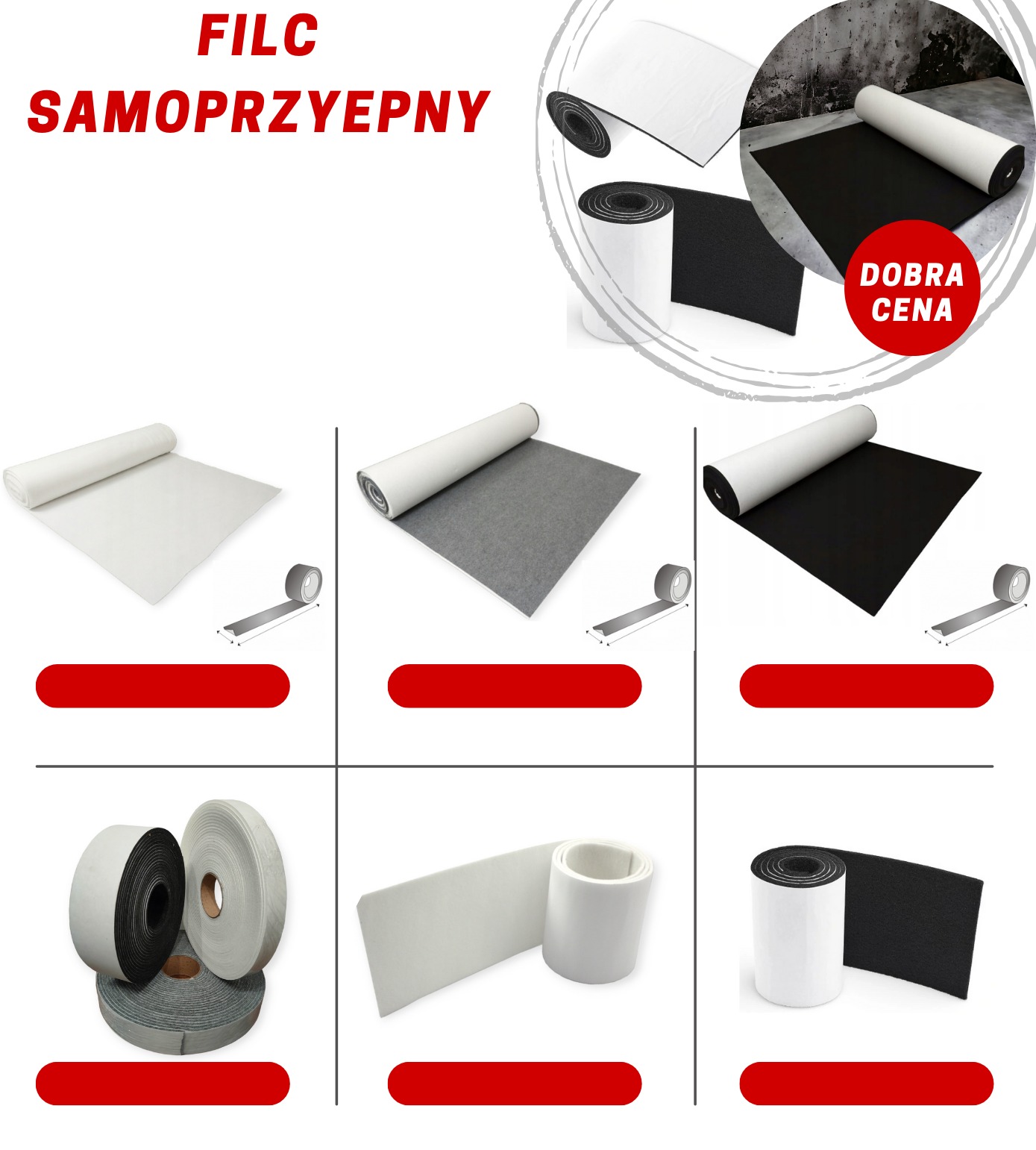 Kompozycja z różnych ujęć filcu samoprzylepnego w rolkach i arkuszach: biały, szary i czarny, prezentacja produktu z napisem 'Dobra Cena'.
