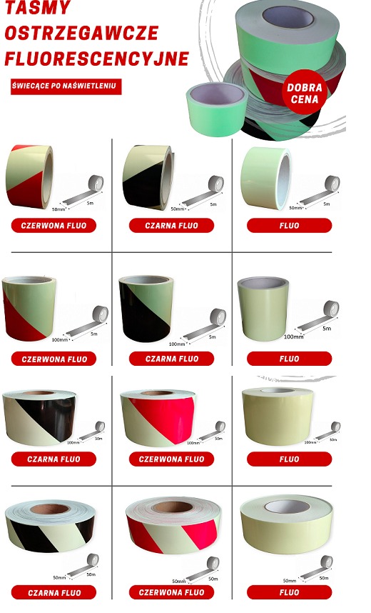 Zestawienie rolek taśm ostrzegawczych fluorescencyjnych w różnych kolorach: czerwono-białej, czarno-białej i jednolicie fluorescencyjnej, z oznaczeniami wymiarów i napisem 'Dobra cena'.