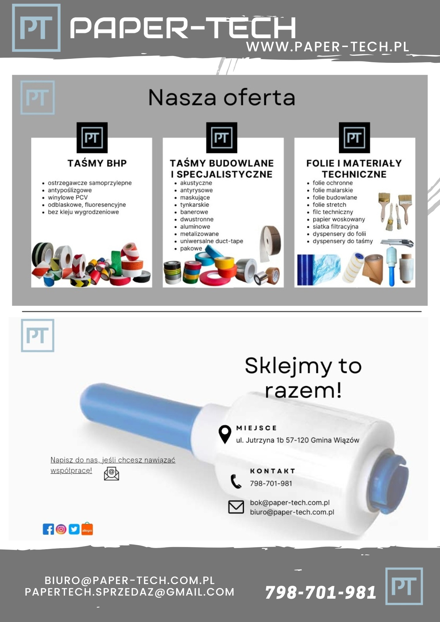 Plakat reklamowy firmy Paper-Tech prezentujący ofertę taśm BHP, budowlanych i specjalistycznych oraz folii i materiałów technicznych, z hasłem 'Sklejmy to razem!' i danymi kontaktowymi.