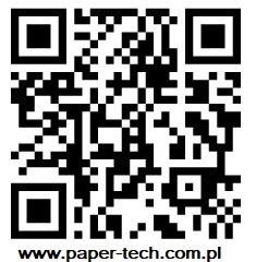 Czarno-biały kod QR z adresem strony internetowej paper-tech.com.pl u dołu.