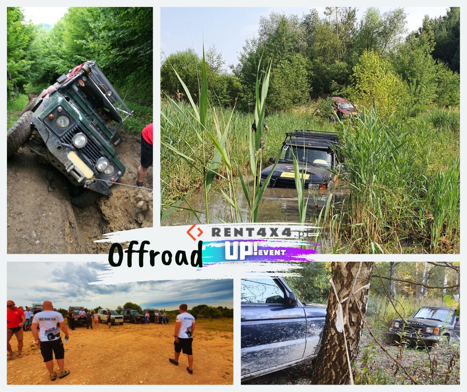 Kompozycja zdjęć z imprezy offroadowej: samochód terenowy w błocie na stromym zboczu, pojazd w wodzie pośród trzcin, grupa osób na placu z samochodami, auto przywiązane liną do drzewa.