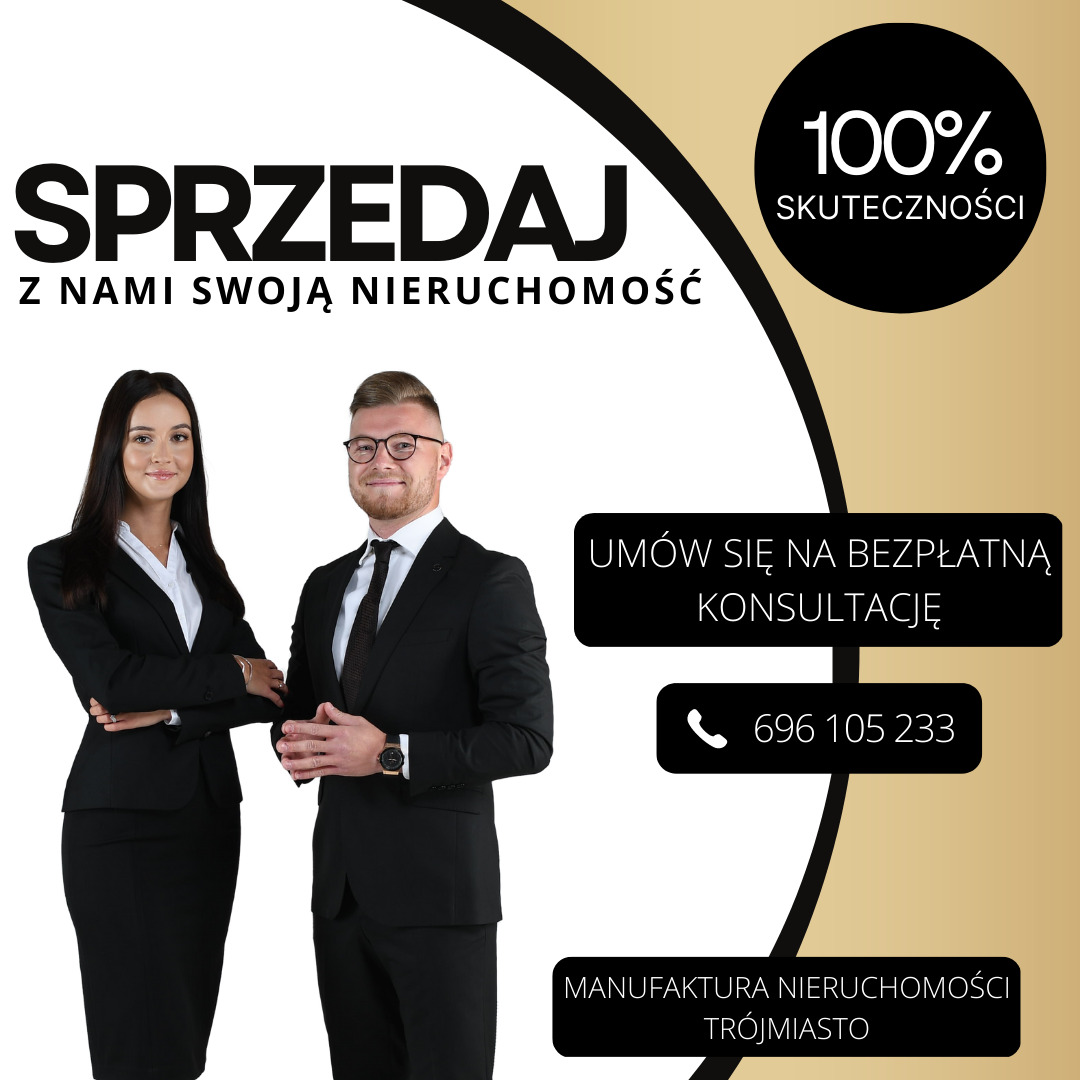 Profesjonalny duet agentów nieruchomości w garniturach, obok napisu 'SPRZEDAJ Z NAMI SWOJĄ NIERUCHOMOŚĆ' i obietnicy '100% skuteczności', z informacją o bezpłatnej konsultacji i numerem telefonu.