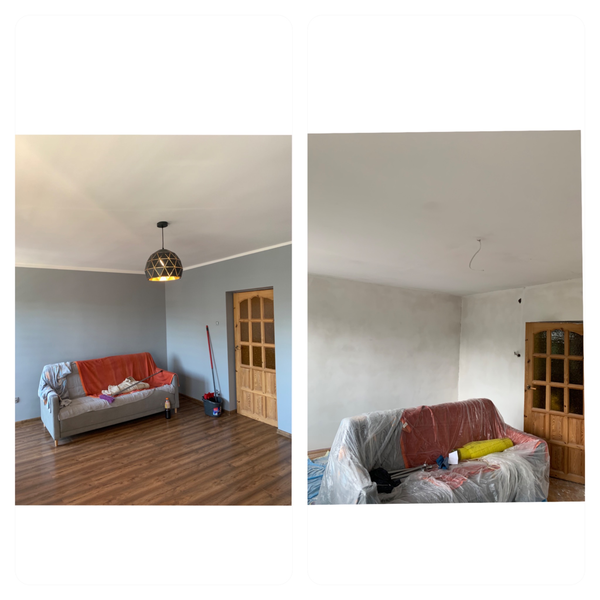 Porównanie pokoju przed i w trakcie wykonywania gładzi: ściany w szarym kolorze z wiszącą lampą i brązowymi drzwiami po lewej, a po prawej ściany pokryte świeżą gładzią, zabezpieczona folią kanapa...