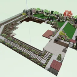 Wizualizacja 3D projektu zagospodarowania terenu wokół domu z uwzględnieniem ścieżek, trawnika, nasadzeń drzew i krzewów oraz elementów małej architektury, takich jak taras i pergola.