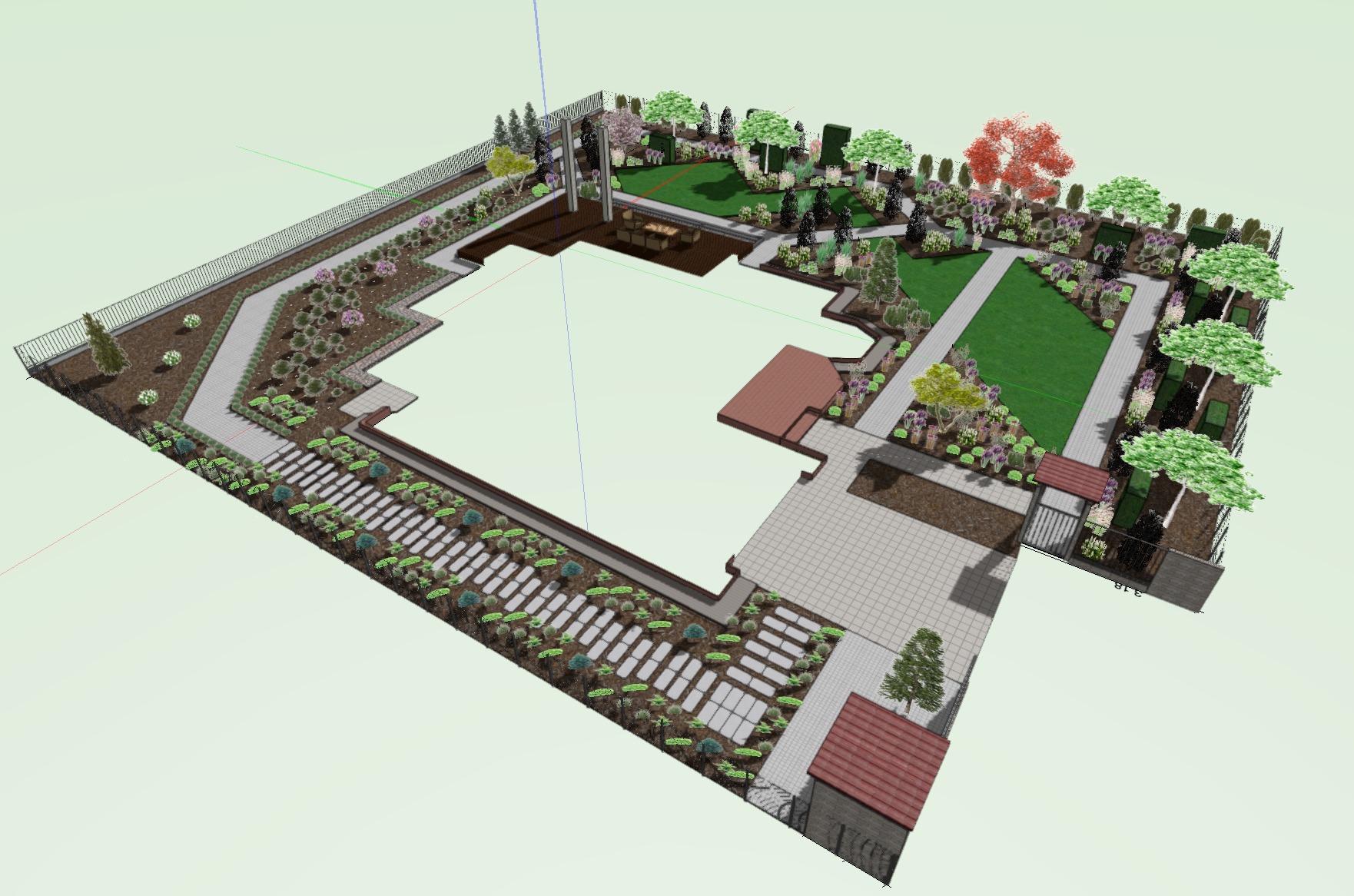 Wizualizacja 3D projektu zagospodarowania terenu wokół domu z uwzględnieniem ścieżek, trawnika, nasadzeń drzew i krzewów oraz elementów małej architektury, takich jak taras i pergola.