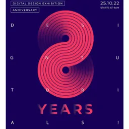 Abstrakcyjny plakat z cyfrą 8 utworzoną z koncentrycznych linii w odcieniach różu i fioletu, zapowiadający wystawę projektowania cyfrowego z okazji rocznicy.