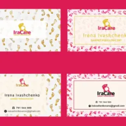 Cztery wizytówki gabinetu podologicznego IraCare z motywem stóp, każda w innej kolorystyce: złote i różowe odcienie. Dwie zawierają imię Ireny Ivashchenko i dane kontaktowe.