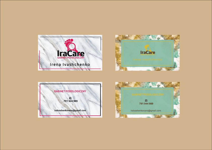Dwa komplety wizytówek Gabinetu Podologicznego IraCare. Wizytówki w dwóch wersjach kolorystycznych, z danymi kontaktowymi i logo gabinetu. Wzory z różnymi tłami i ramkami.