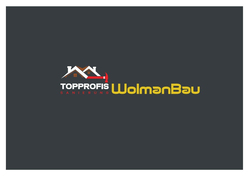 Logo firmy budowlanej: czerwony młotek wbity w dach domu, nazwa 'TOPPROFIS Sanierung' i 'WolmanBau' w kolorze żółtym na ciemnoszarym tle.