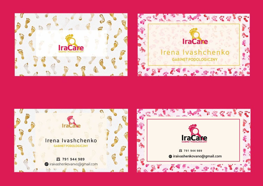 Cztery wizytówki gabinetu podologicznego IraCare z motywem stóp, każda w innej kolorystyce: złote i różowe odcienie. Dwie zawierają imię Ireny Ivashchenko i dane kontaktowe.