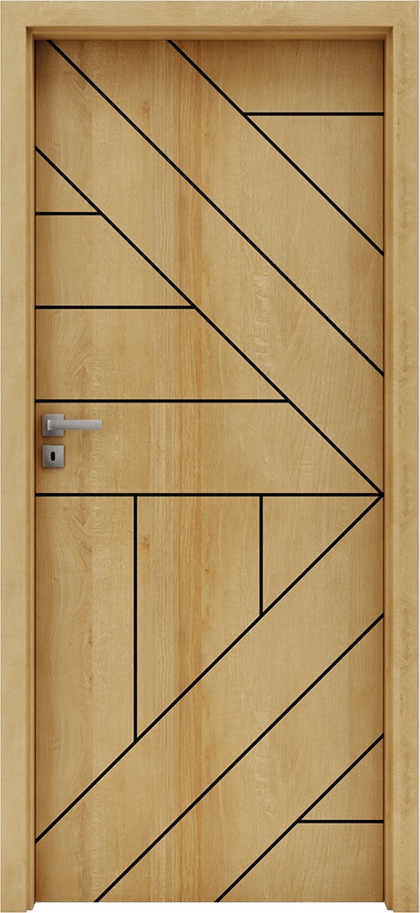 Drewniane drzwi wewnętrzne z geometrycznym wzorem w odcieniach beżu i czerni, prezentowane przez firmę z Ostrowca Świętokrzyskiego.